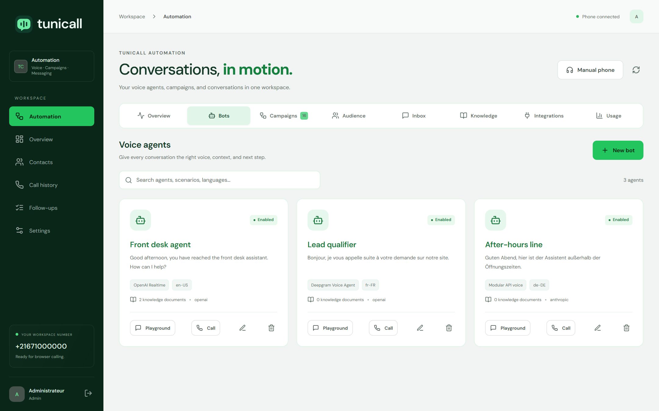 Voice agent list and configuration in TuniCall